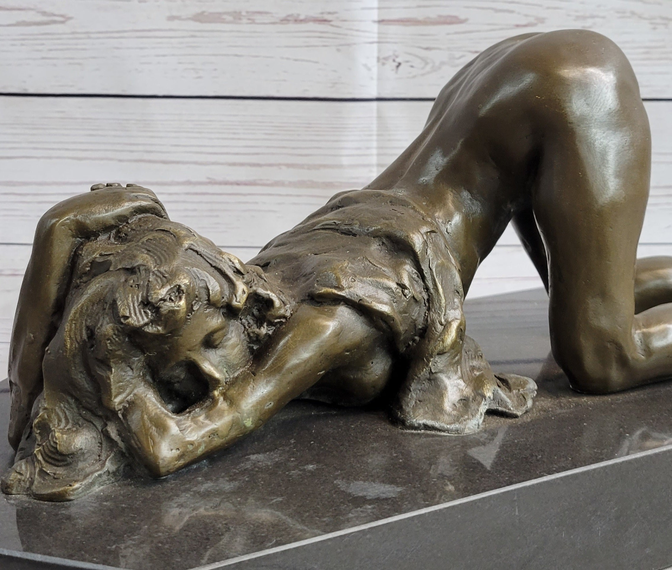Erotic Art Bronze Figure Sculpture Crawling Girl on Knees 7" x 15"