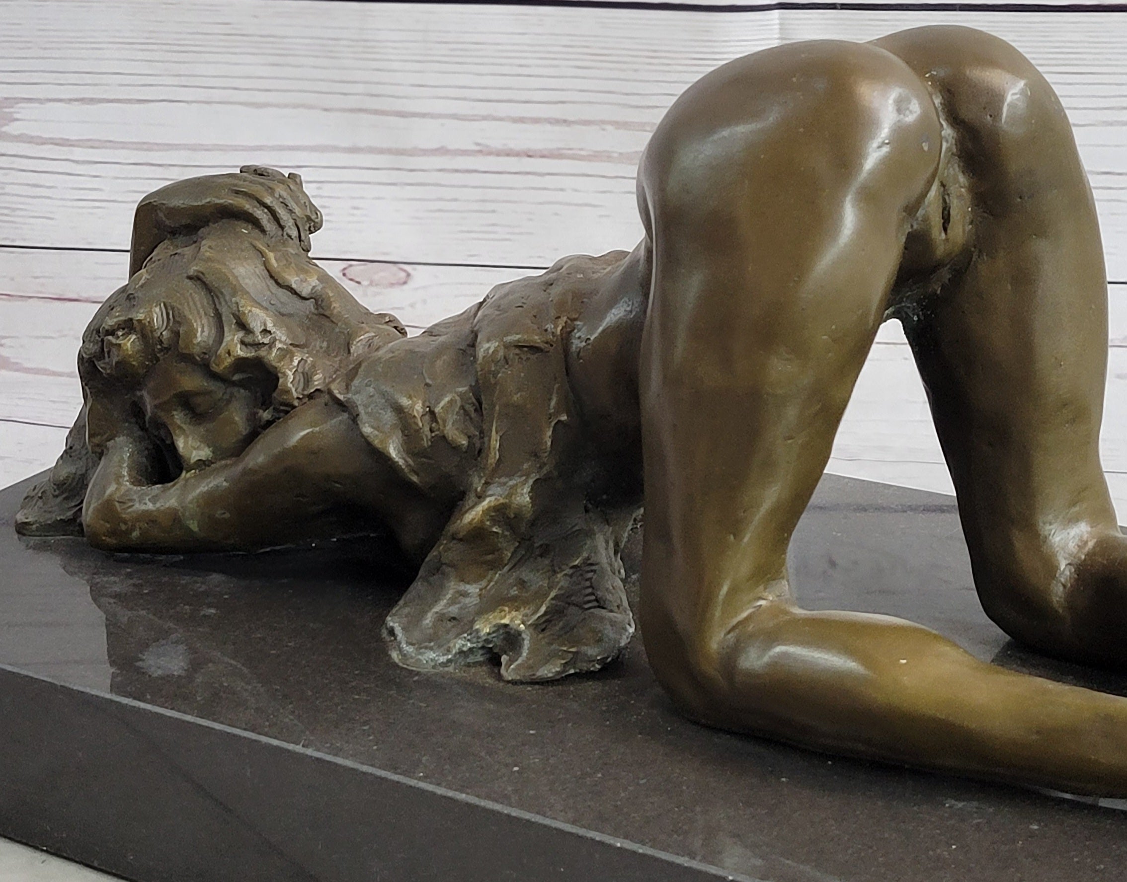 Erotic Art Bronze Figure Sculpture Crawling Girl on Knees 7" x 15"