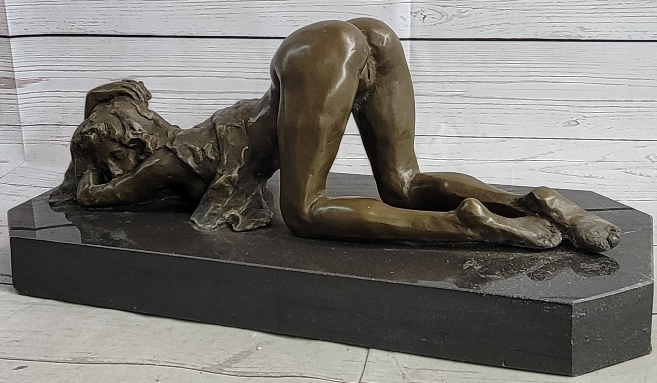 Erotic Art Bronze Figure Sculpture Crawling Girl on Knees 7" x 15"