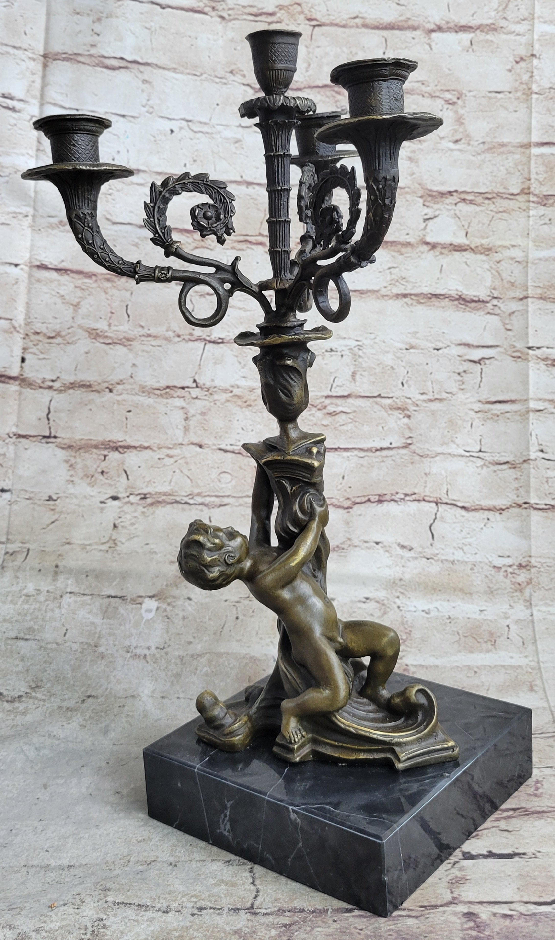 Hot Cast Bronze Cherubim Candle Holder Candelabra 16" x 8"