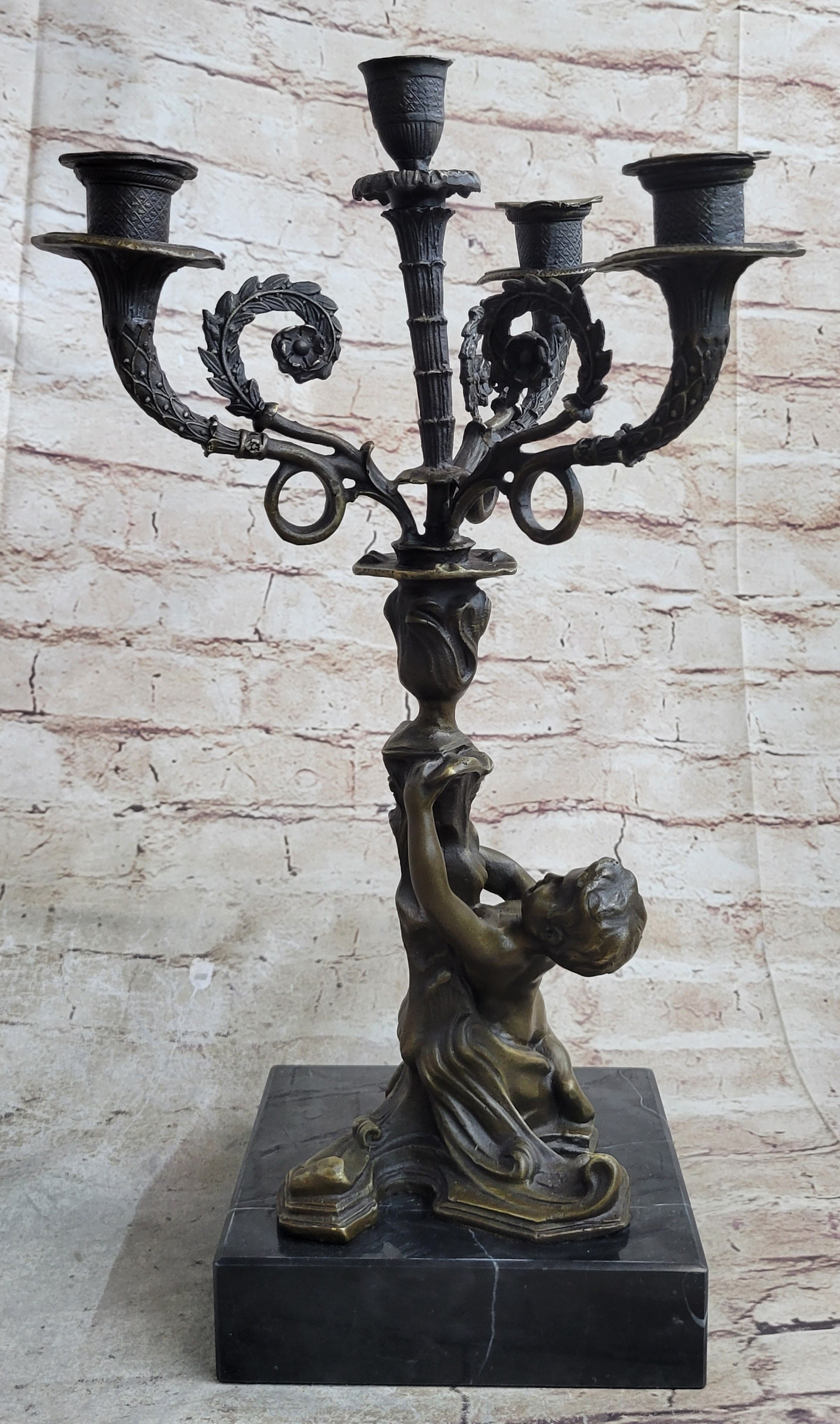Hot Cast Bronze Cherubim Candle Holder Candelabra 16" x 8"