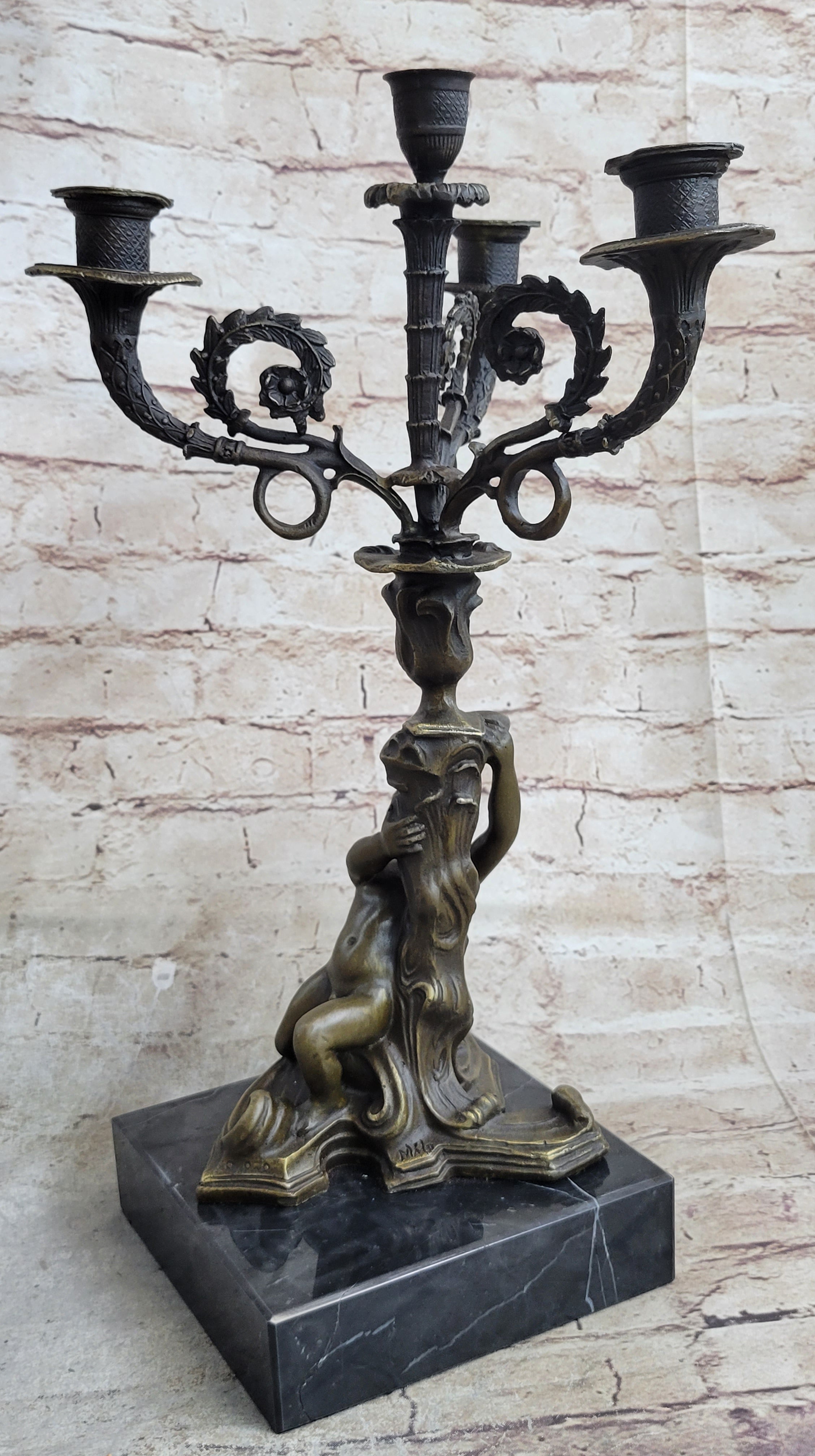 Hot Cast Bronze Cherubim Candle Holder Candelabra 16" x 8"