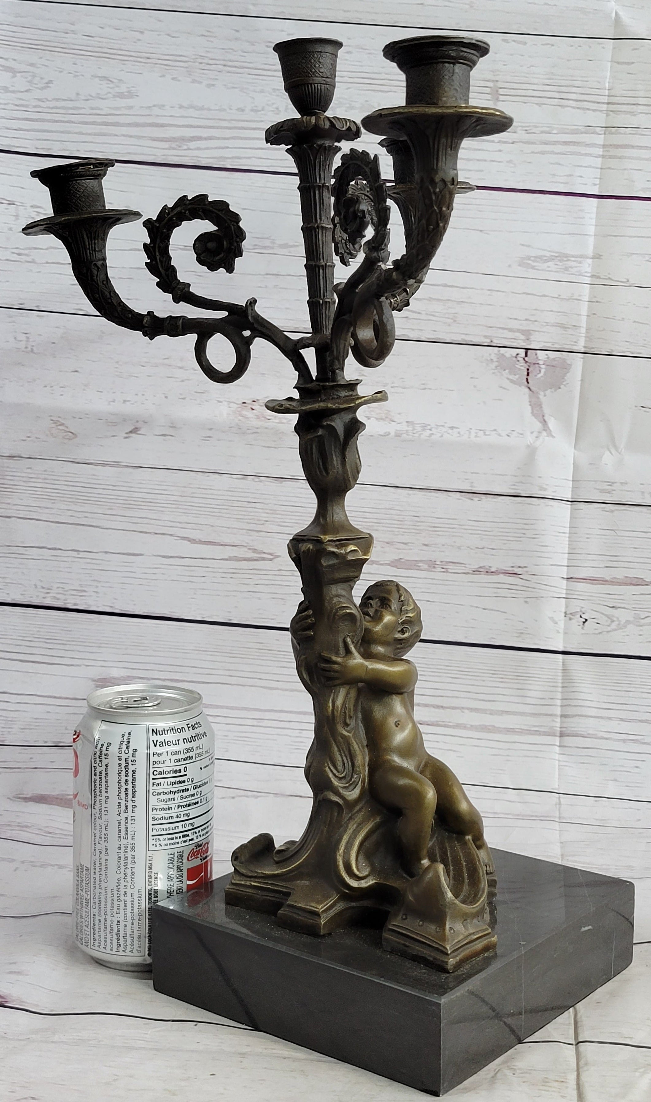 Child Holding Candelabra Bronze Metal Candle Holder Marble Base