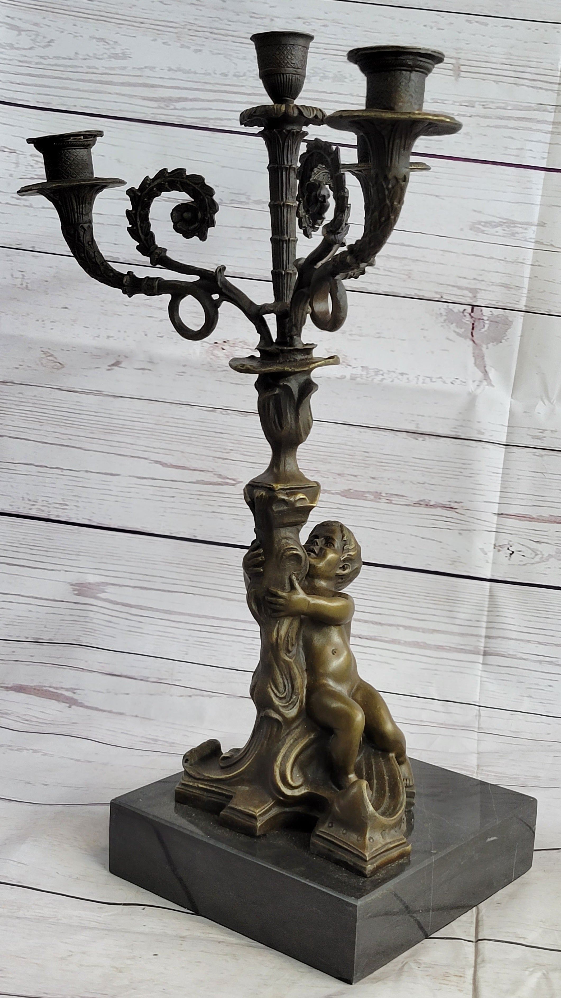 Child Holding Candelabra Bronze Metal Candle Holder Marble Base