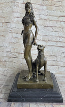 100% BRONZE ORIGINAL NUDE QUEEN W/ LION EGYPTIAN GREEK ANCIENT STYLE FIGURE DECO