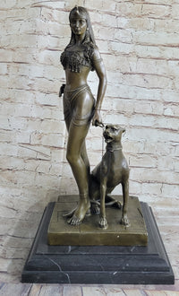100% BRONZE ORIGINAL NUDE QUEEN W/ LION EGYPTIAN GREEK ANCIENT STYLE FIGURE DECO