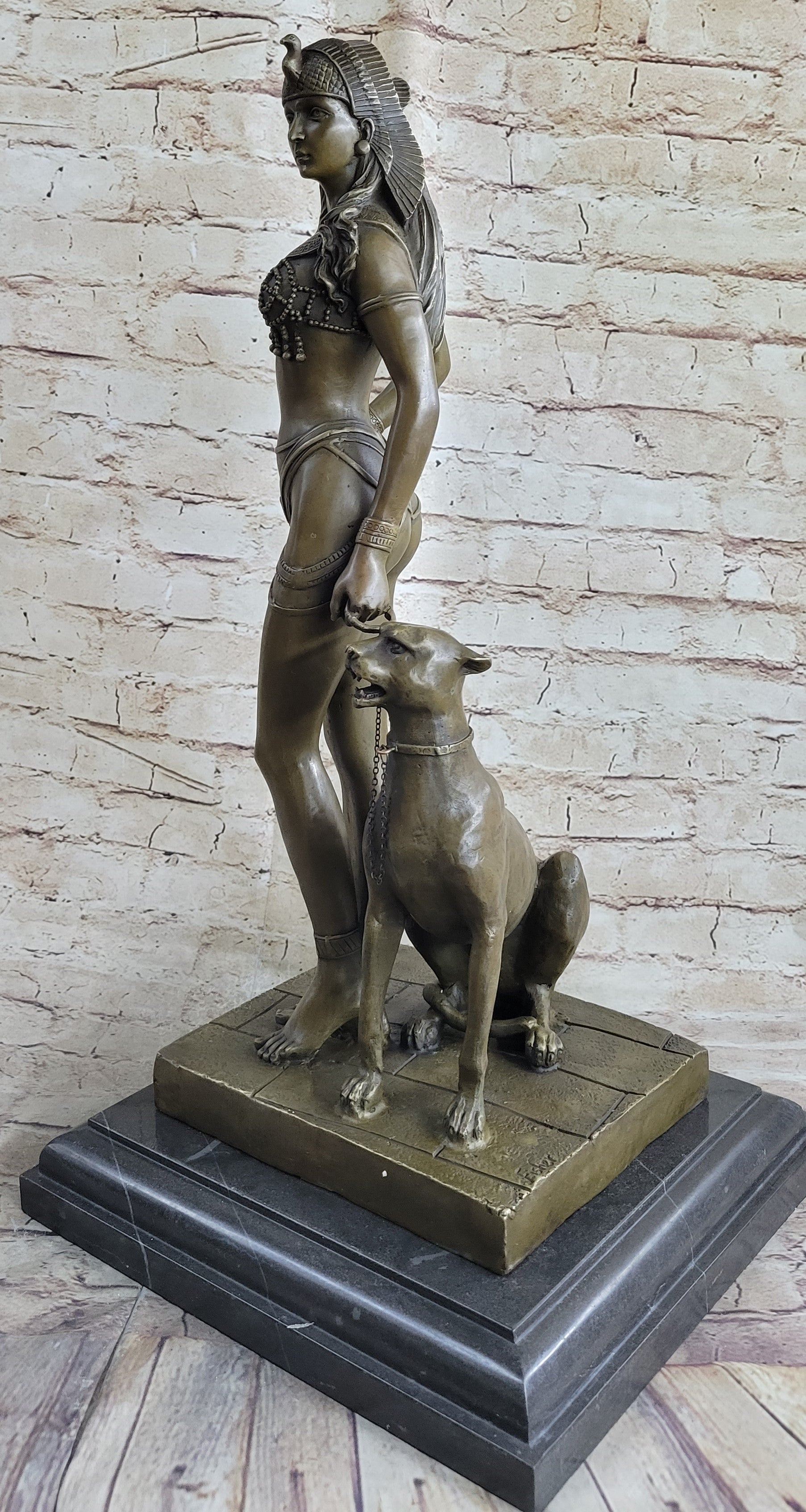 100% BRONZE ORIGINAL NUDE QUEEN W/ LION EGYPTIAN GREEK ANCIENT STYLE FIGURE DECO
