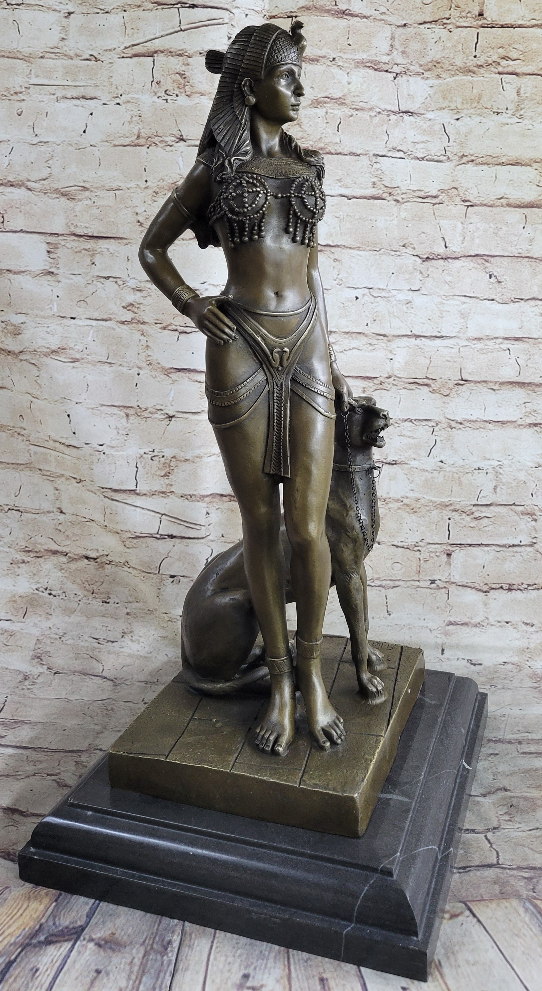 100% BRONZE ORIGINAL NUDE QUEEN W/ LION EGYPTIAN GREEK ANCIENT STYLE FIGURE DECO