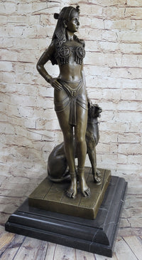 100% BRONZE ORIGINAL NUDE QUEEN W/ LION EGYPTIAN GREEK ANCIENT STYLE FIGURE DECO