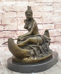 Semi Nude Topless Native American Girl in Canoe Boat Bronze Statue Sculpture Art