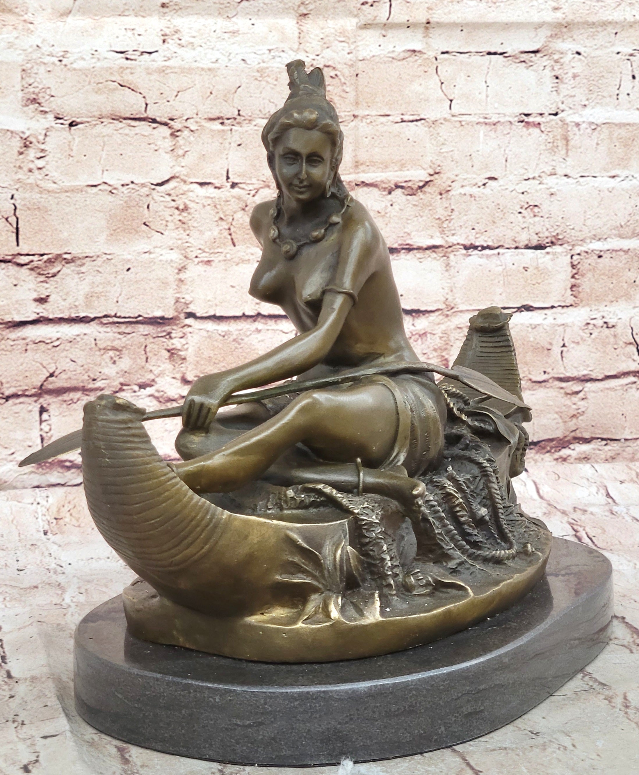 Semi Nude Topless Native American Girl in Canoe Boat Bronze Statue Sculpture Art