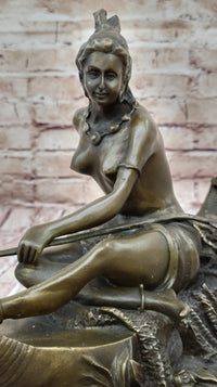 Semi Nude Topless Native American Girl in Canoe Boat Bronze Statue Sculpture Art