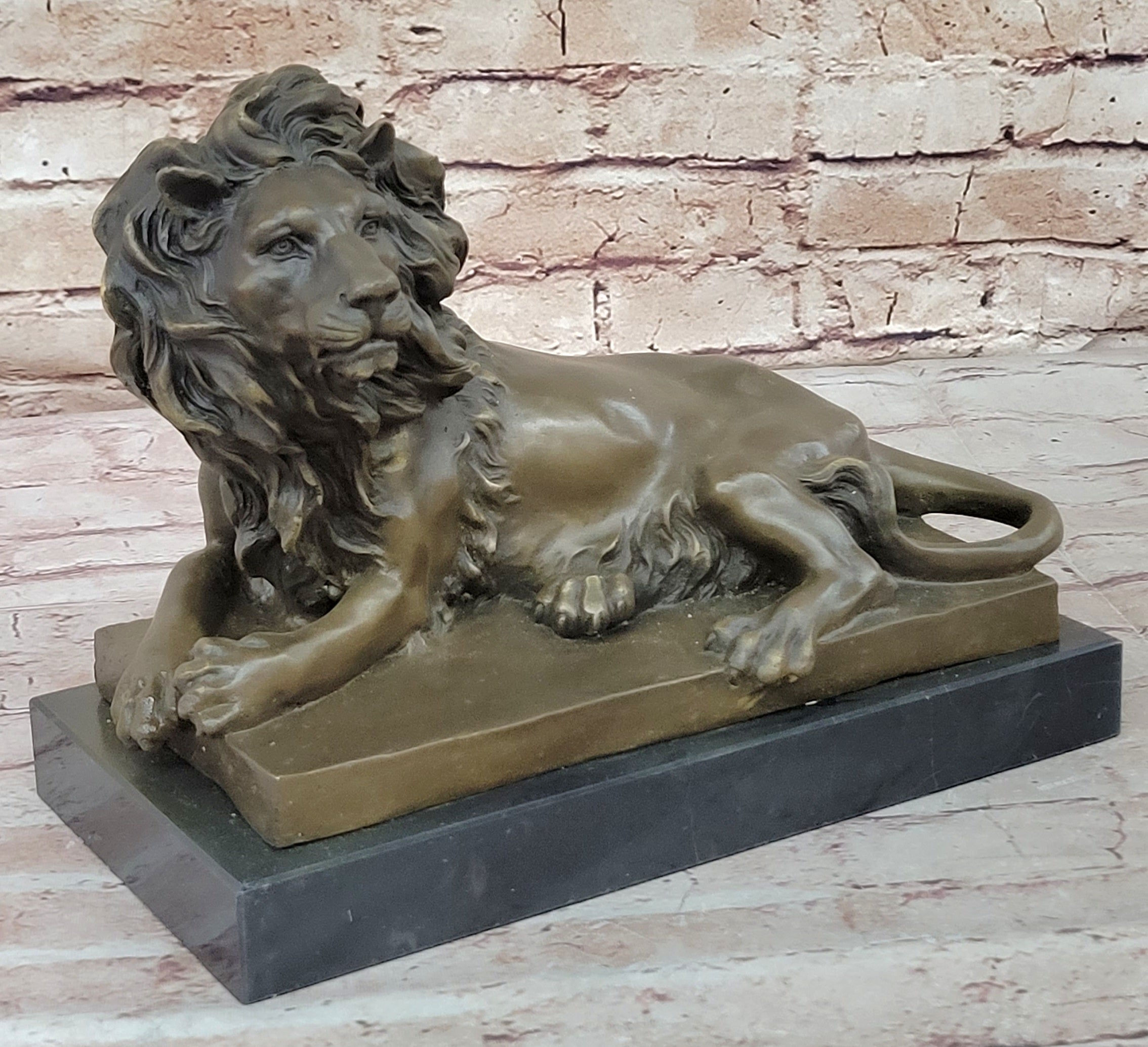 Signed Barye African Male Lion Resting Bronze Sculpture Art Deco