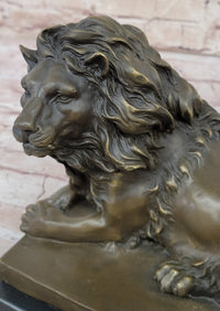 Signed Barye African Male Lion Resting Bronze Sculpture Art Deco