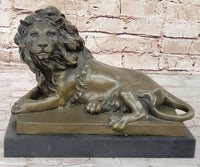 Signed Barye African Male Lion Resting Bronze Sculpture Art Deco