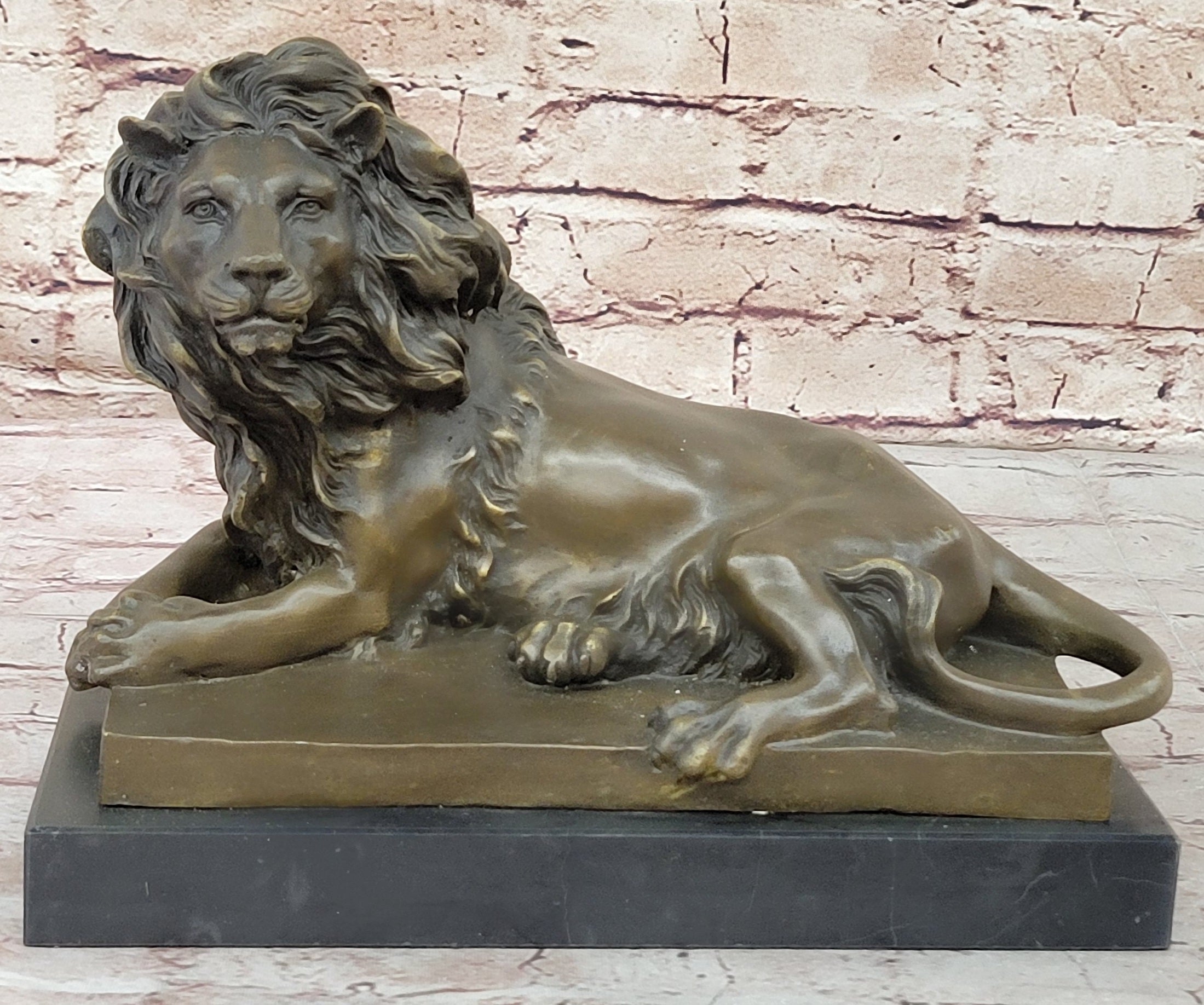 Signed Barye African Male Lion Resting Bronze Sculpture Art Deco