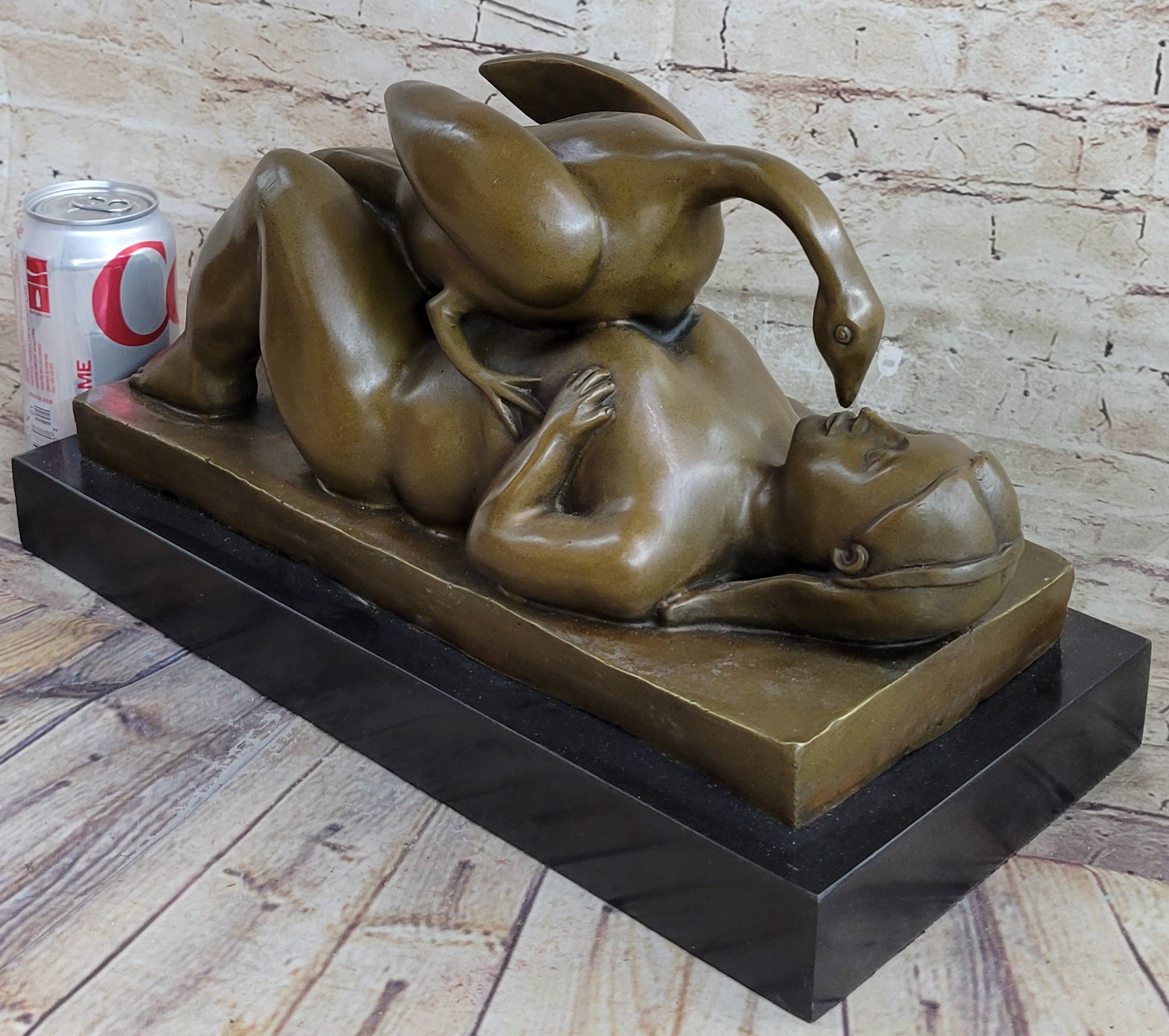 Signed Botero Lady and the Swan Bronze Sculpture Art Deco