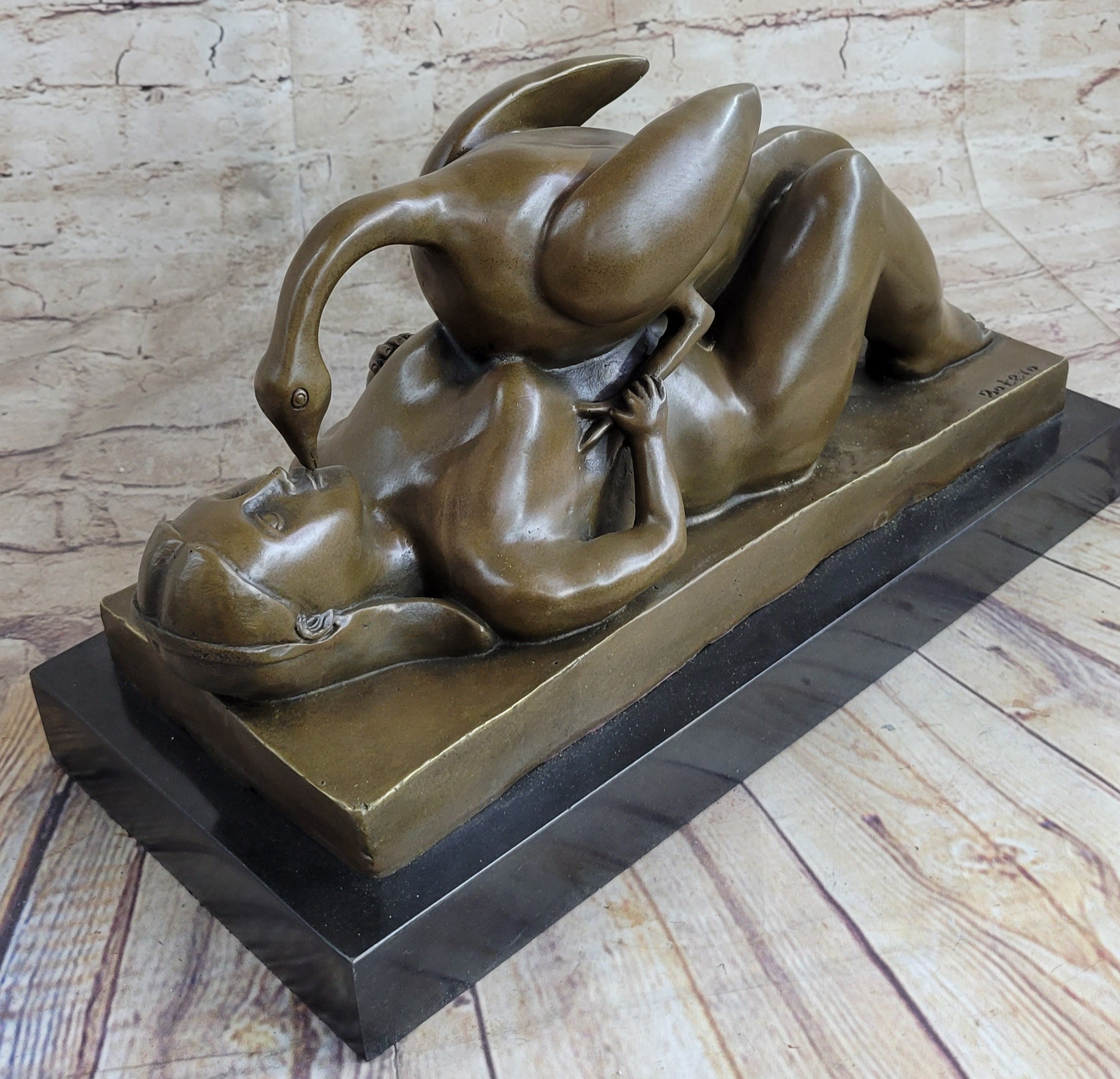 Signed Botero Lady and the Swan Bronze Sculpture Art Deco