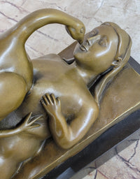Signed Botero Lady and the Swan Bronze Sculpture Art Deco