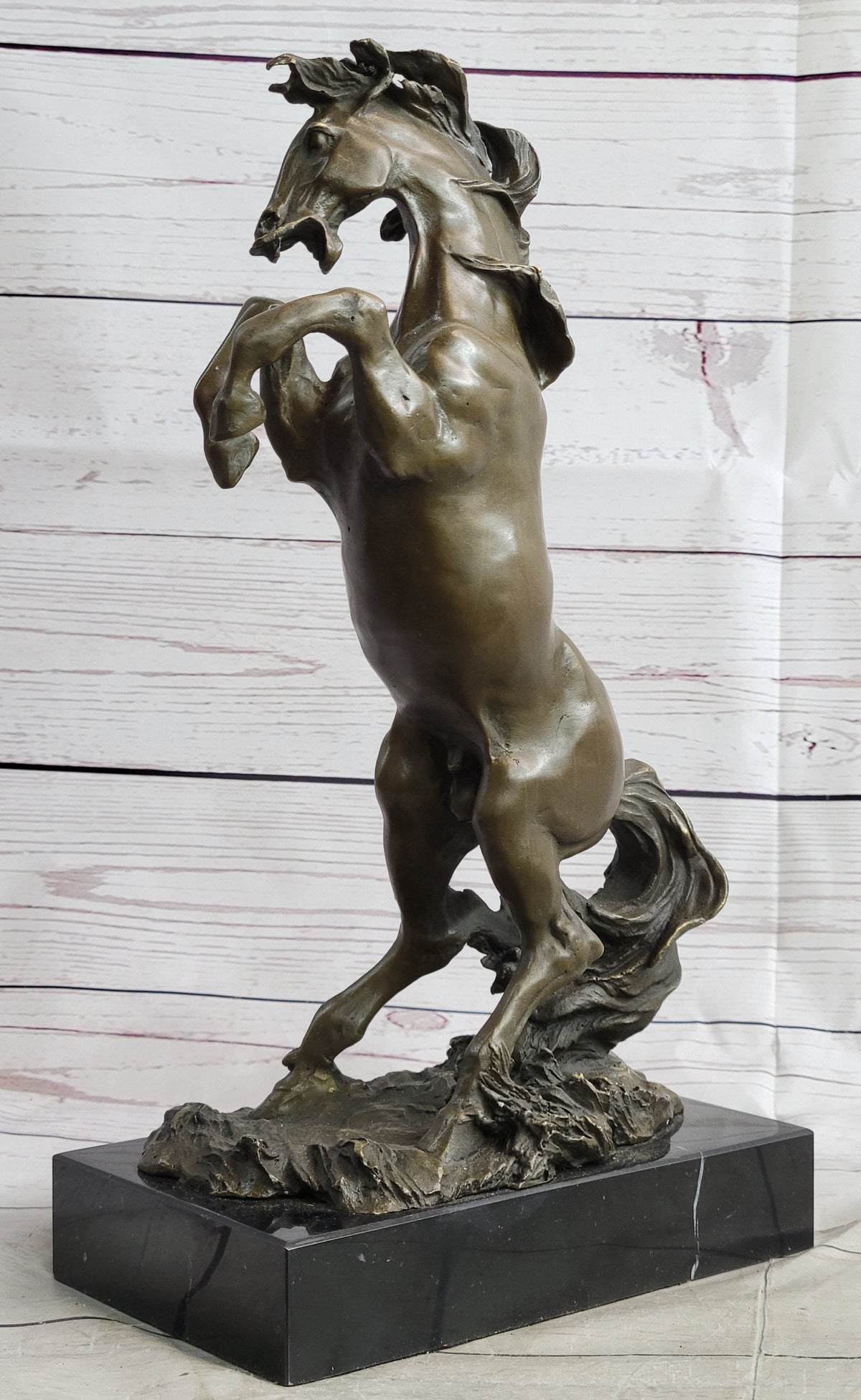 Rearing Horse Bronze Metal Sculpture on Marble Base