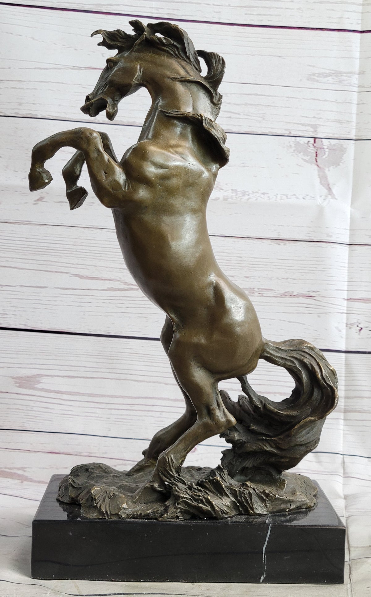 Rearing Horse Bronze Metal Sculpture on Marble Base