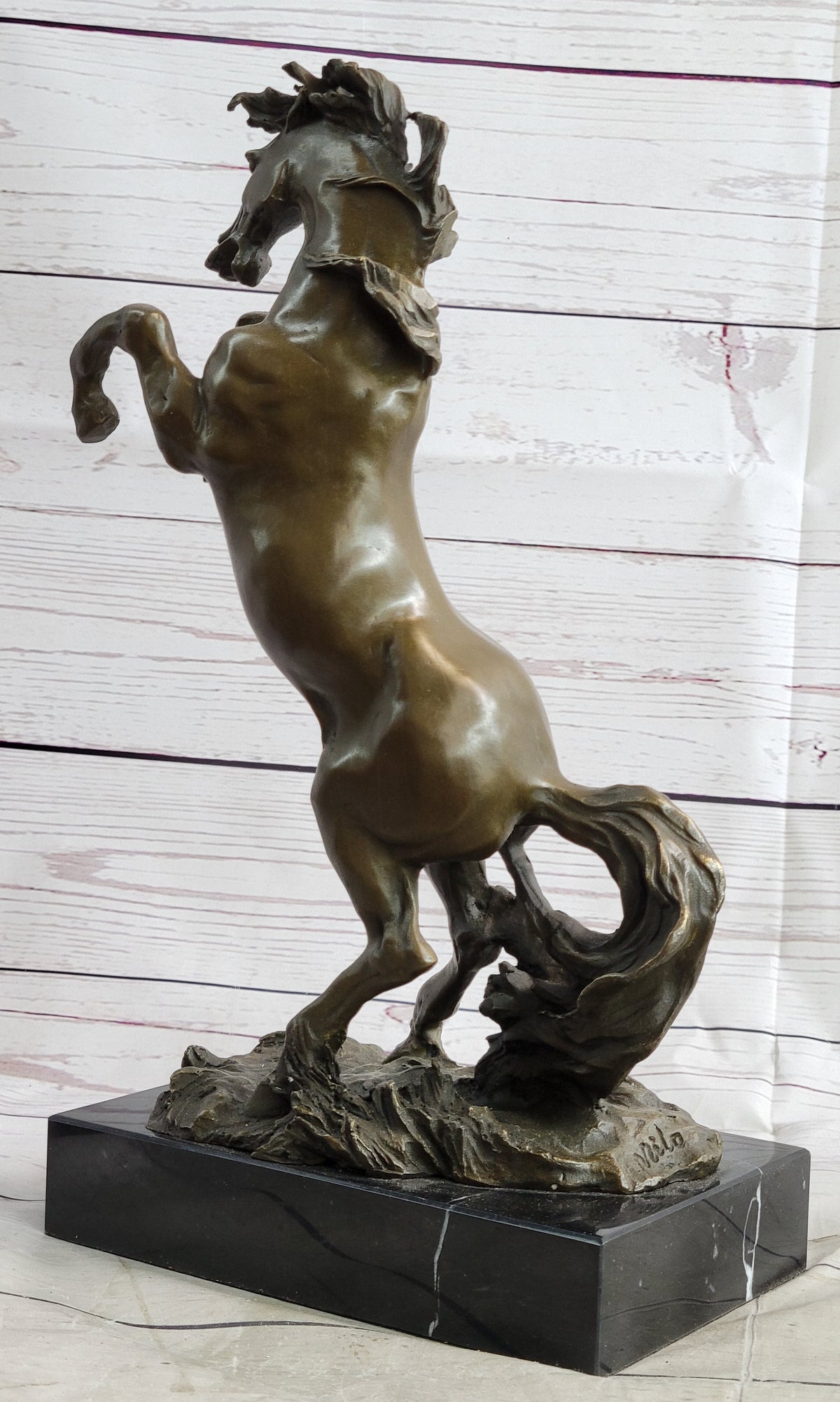 Rearing Horse Bronze Metal Sculpture on Marble Base