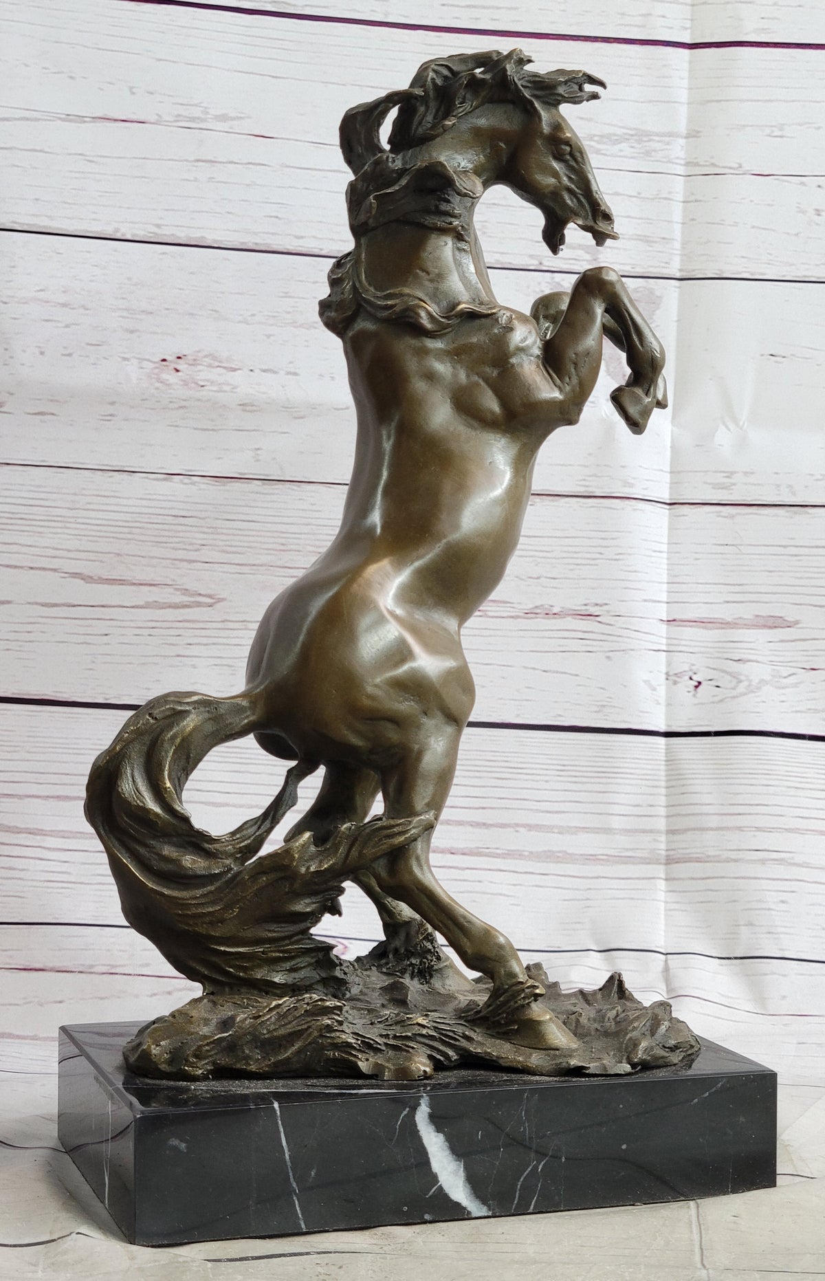 Rearing Horse Bronze Metal Sculpture on Marble Base
