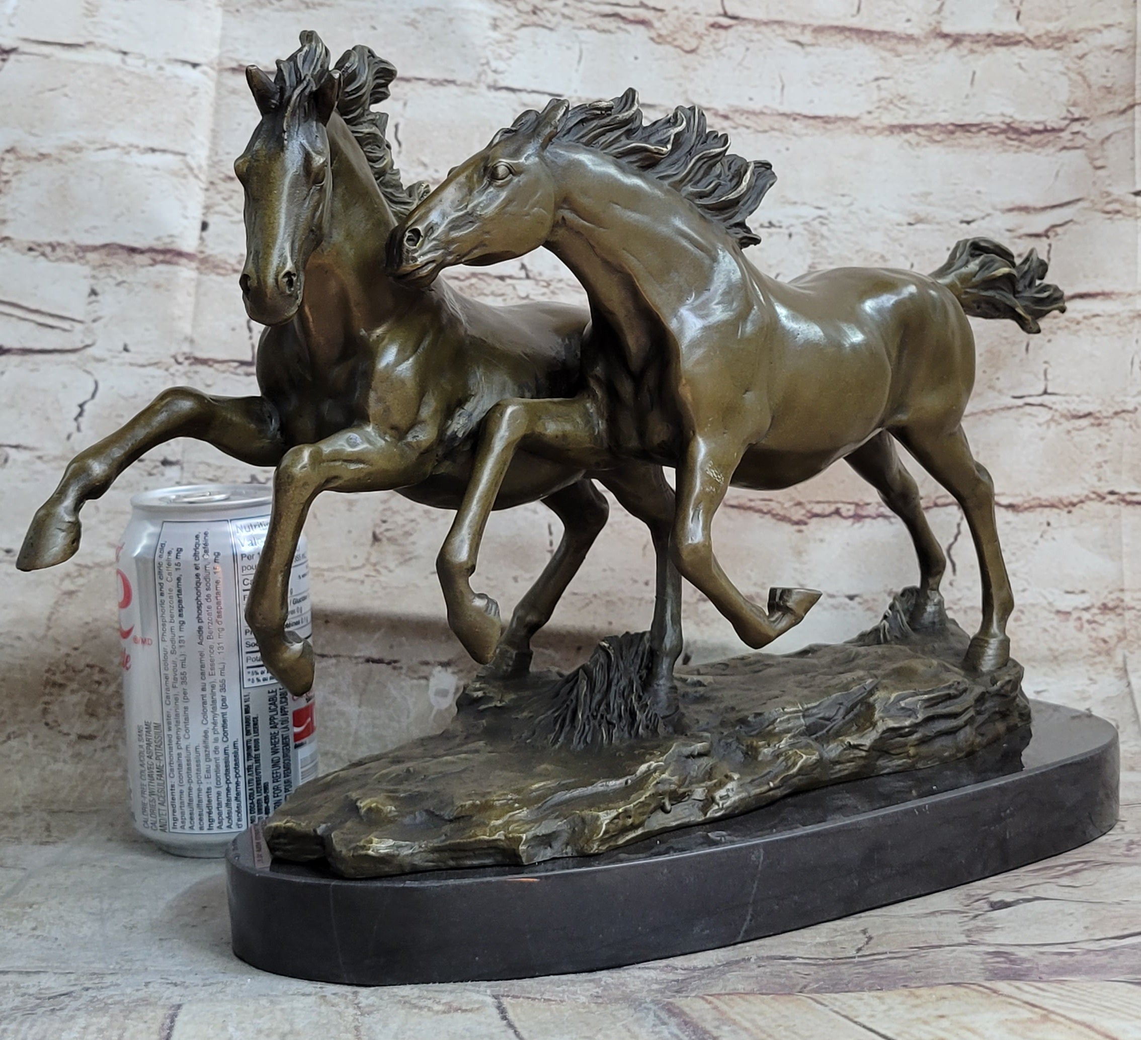 Galloping Pair of Horses Bronze Sculpture Signed Zhang 10" x 17"