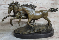 Galloping Pair of Horses Bronze Sculpture Signed Zhang 10" x 17"