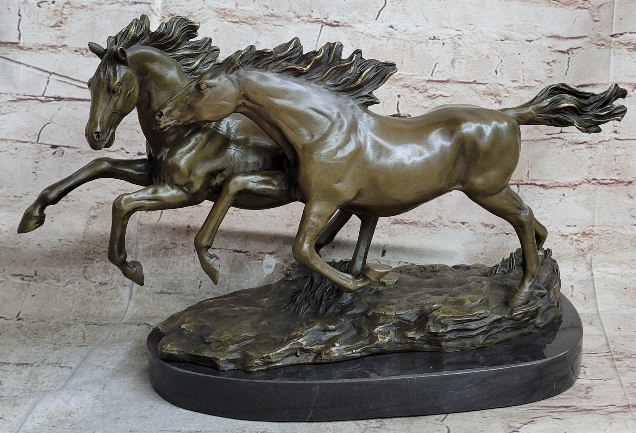Galloping Pair of Horses Bronze Sculpture Signed Zhang 10" x 17"