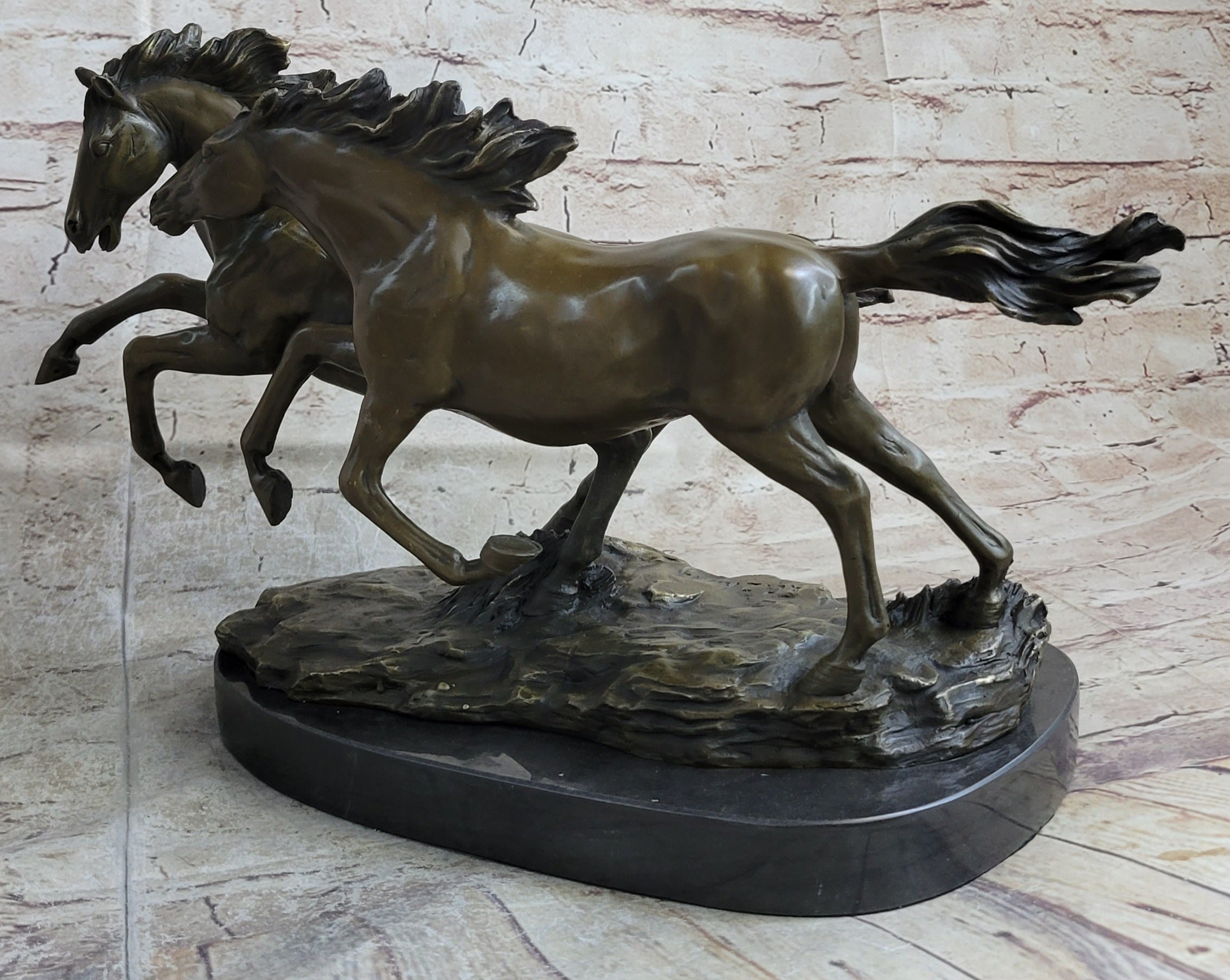 Galloping Pair of Horses Bronze Sculpture Signed Zhang 10" x 17"