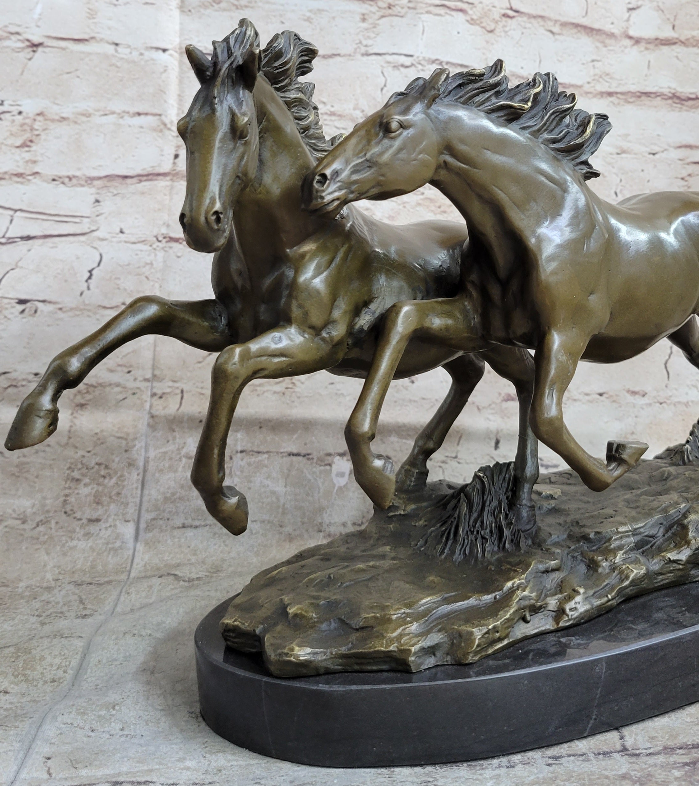 Galloping Pair of Horses Bronze Sculpture Signed Zhang 10" x 17"