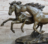 Galloping Pair of Horses Bronze Sculpture Signed Zhang 10" x 17"