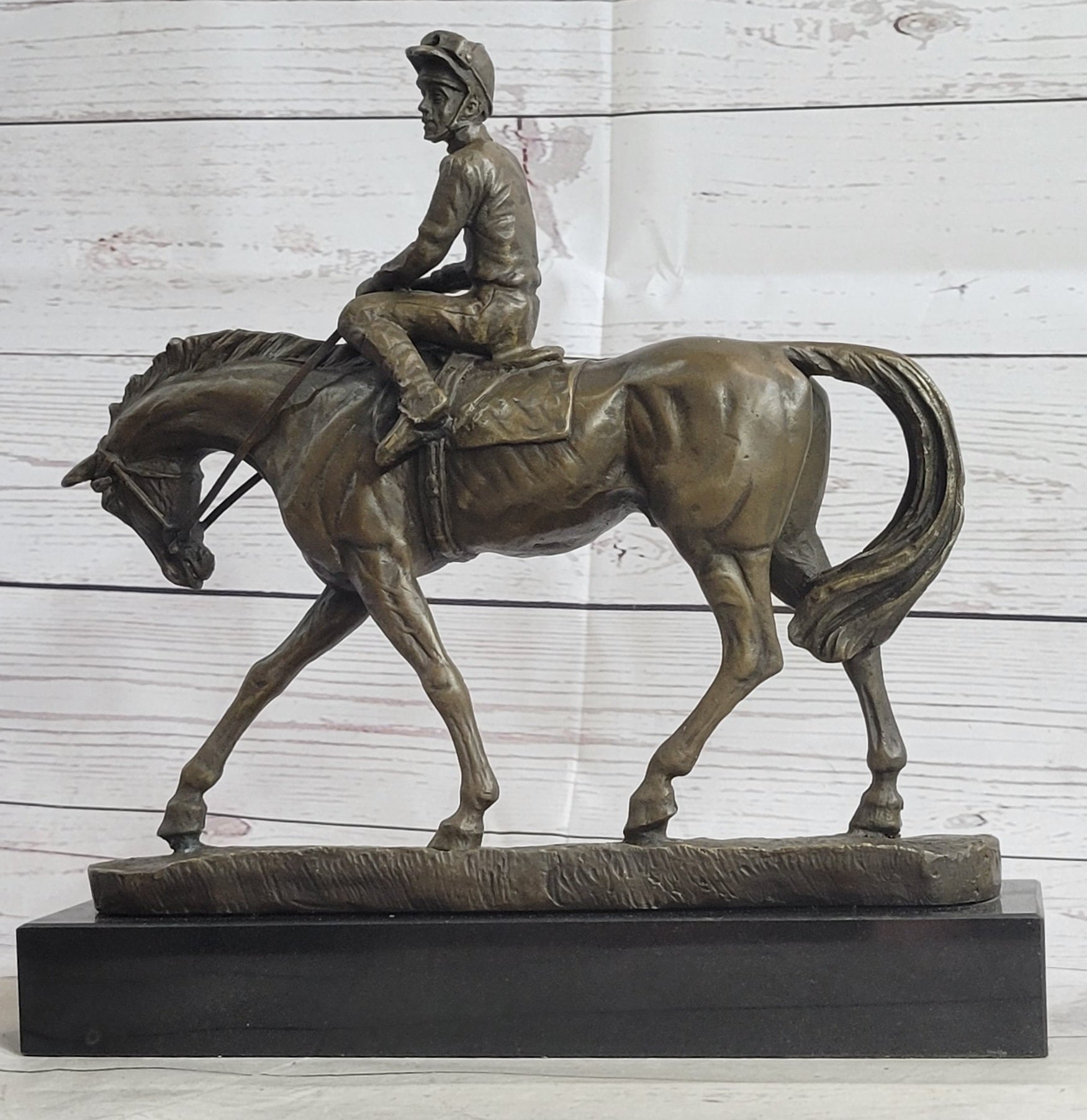 Polo Jockey on Horseback Bronze Sculpture Signed on Marble Base