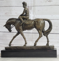 Polo Jockey on Horseback Bronze Sculpture Signed on Marble Base