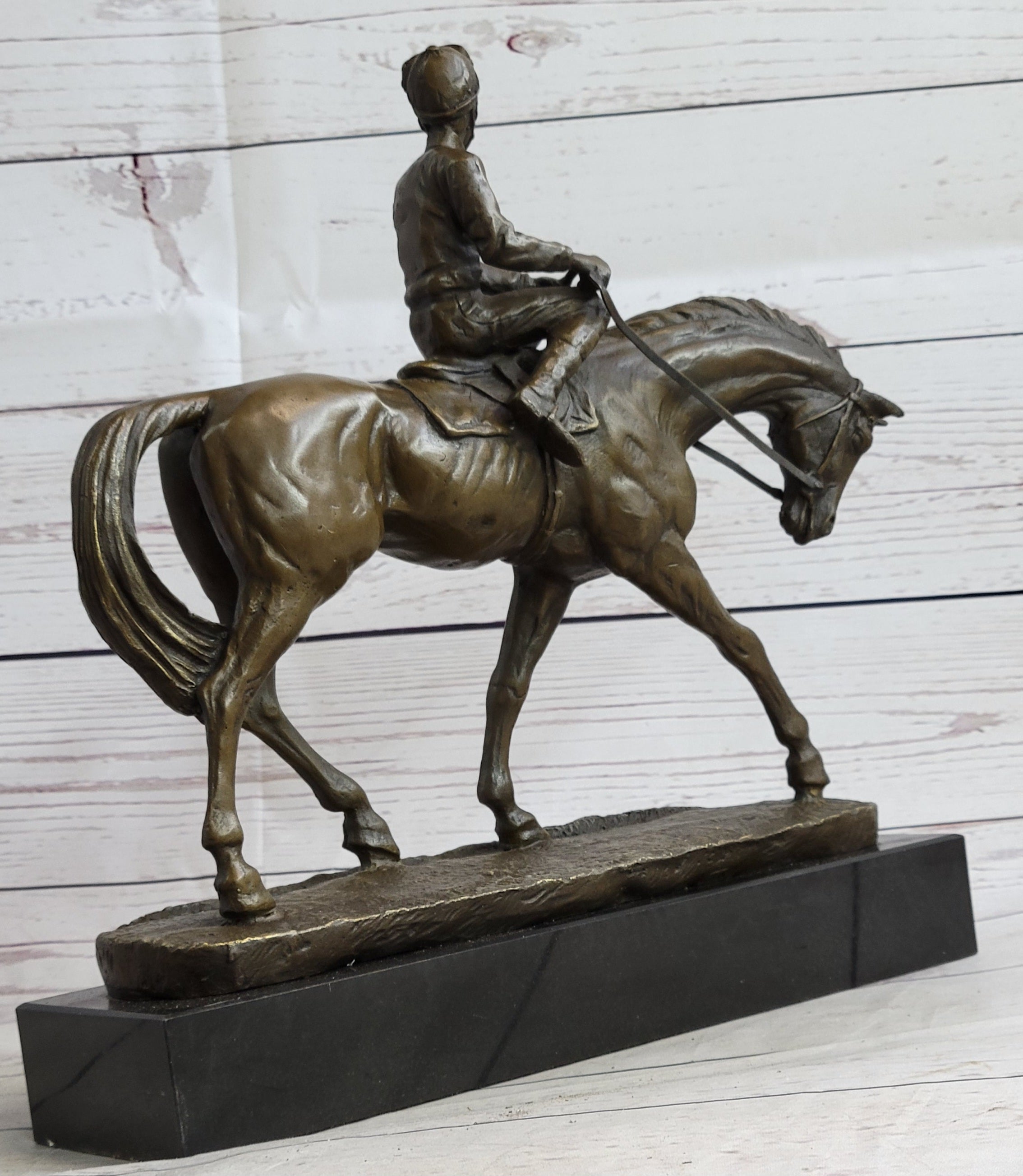 Polo Jockey on Horseback Bronze Sculpture Signed on Marble Base