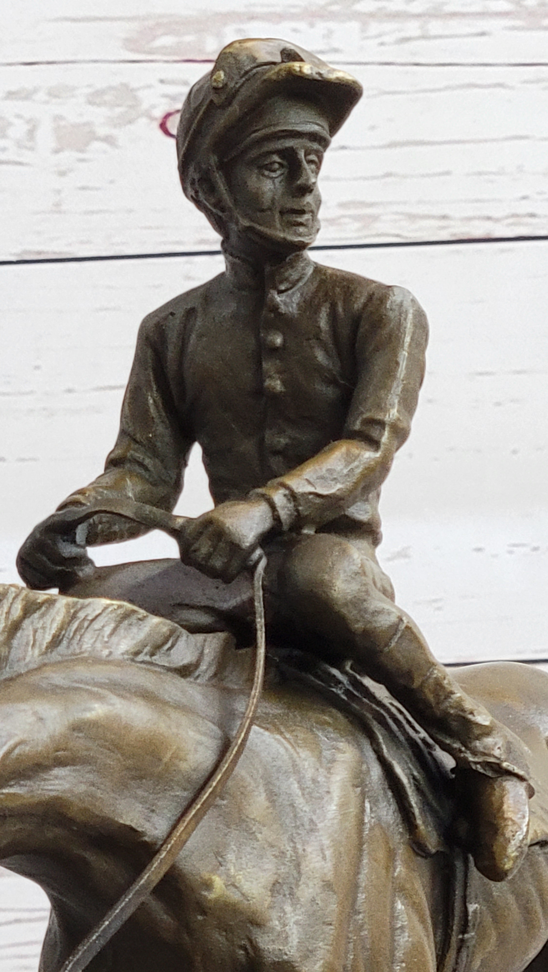 Polo Jockey on Horseback Bronze Sculpture Signed on Marble Base