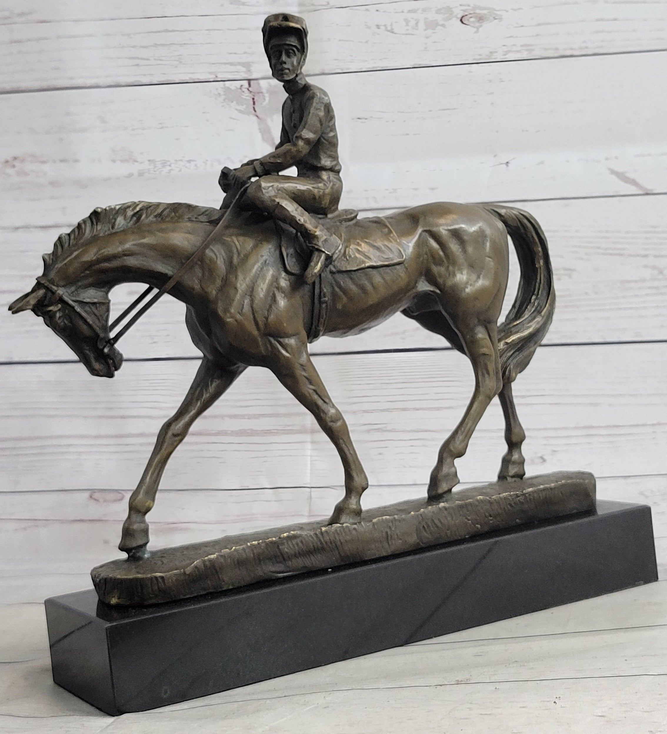 Polo Jockey on Horseback Bronze Sculpture Signed on Marble Base