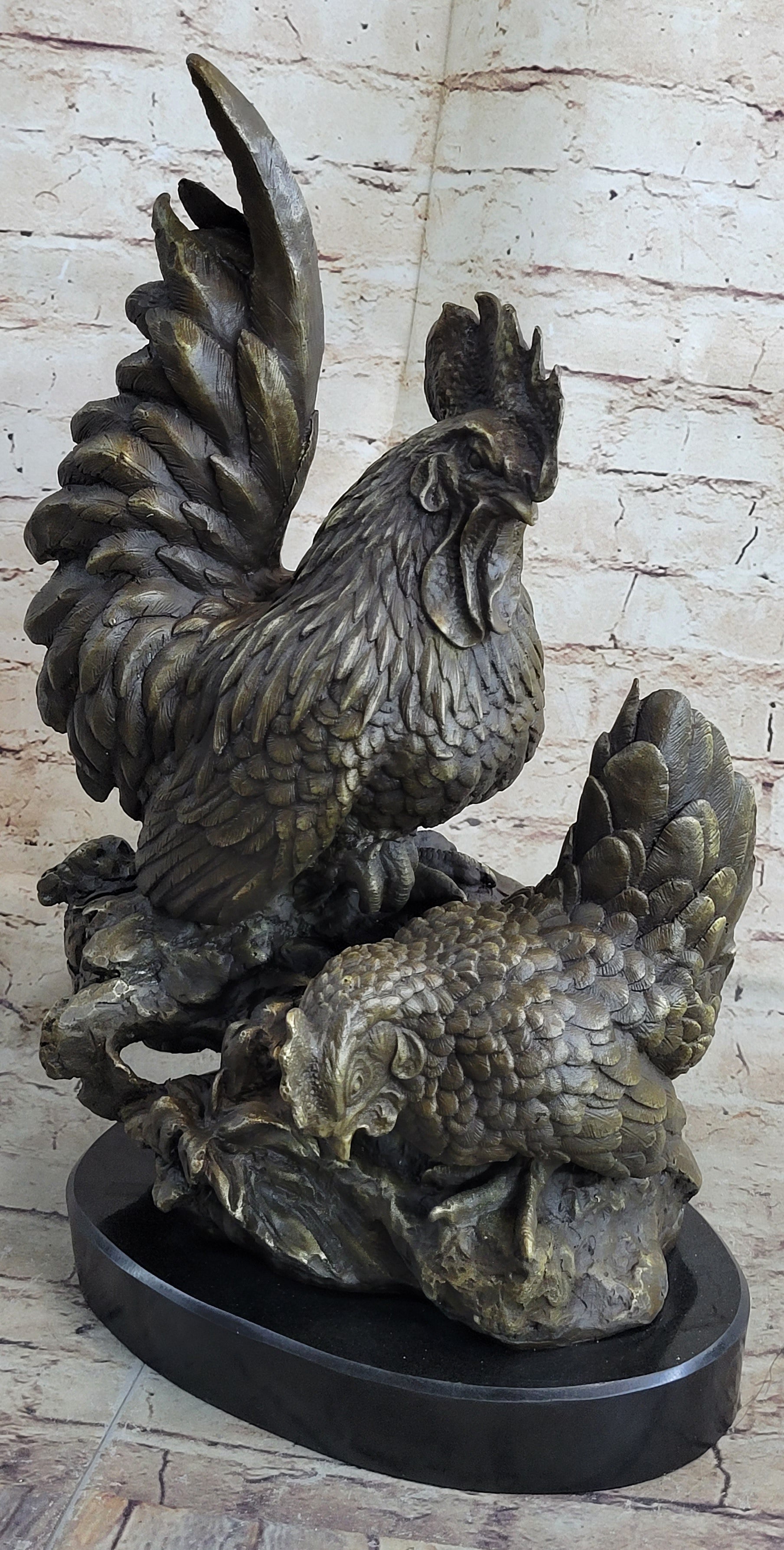 Two Roosters Bronze Metal Sculpture on Marble Base