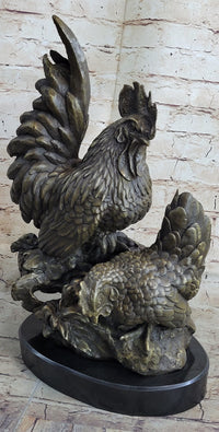 Two Roosters Bronze Metal Sculpture on Marble Base