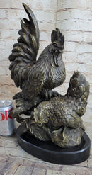 Two Roosters Bronze Metal Sculpture on Marble Base
