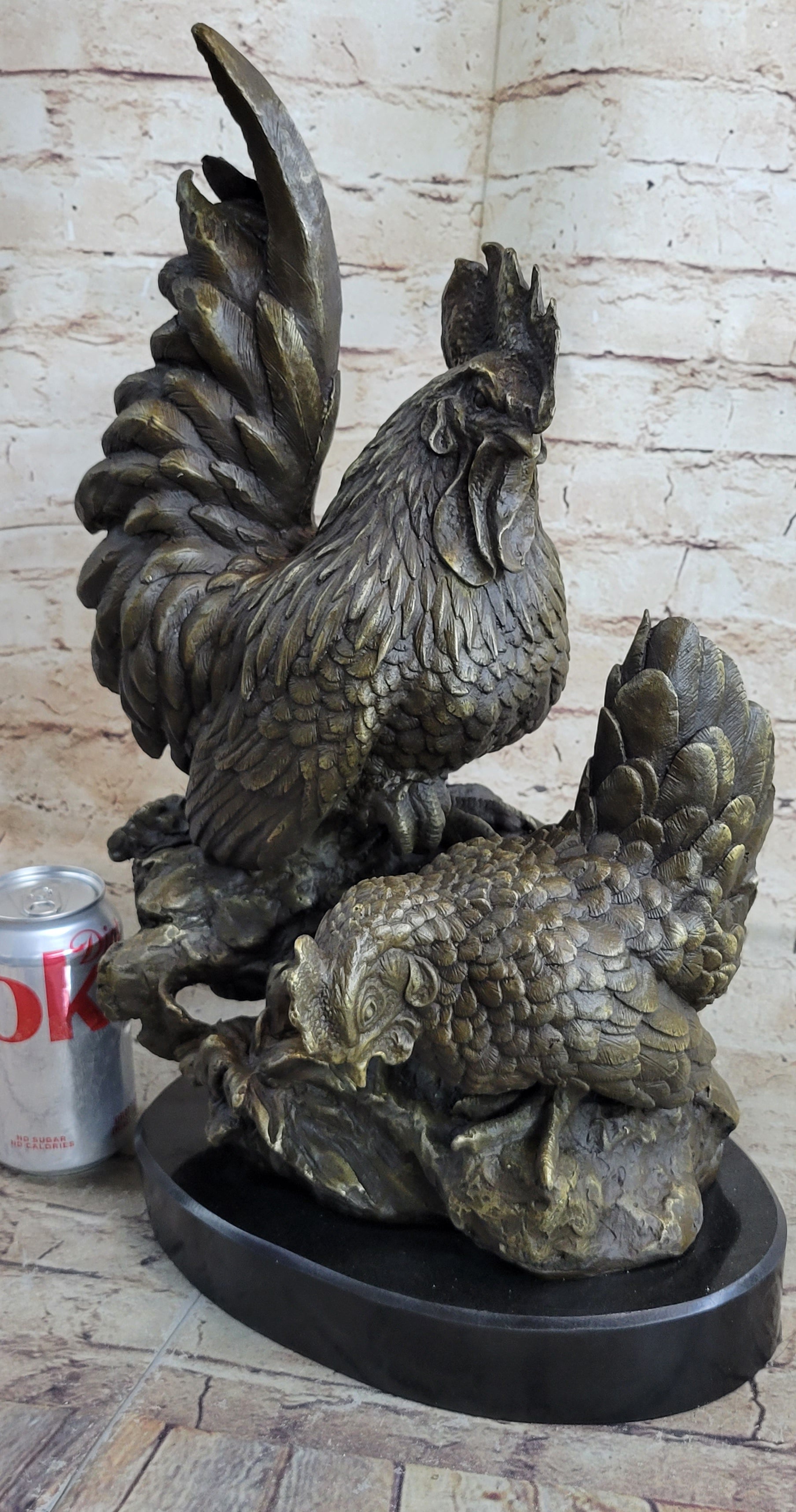 Two Roosters Bronze Metal Sculpture on Marble Base