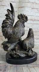 Two Roosters Bronze Metal Sculpture on Marble Base