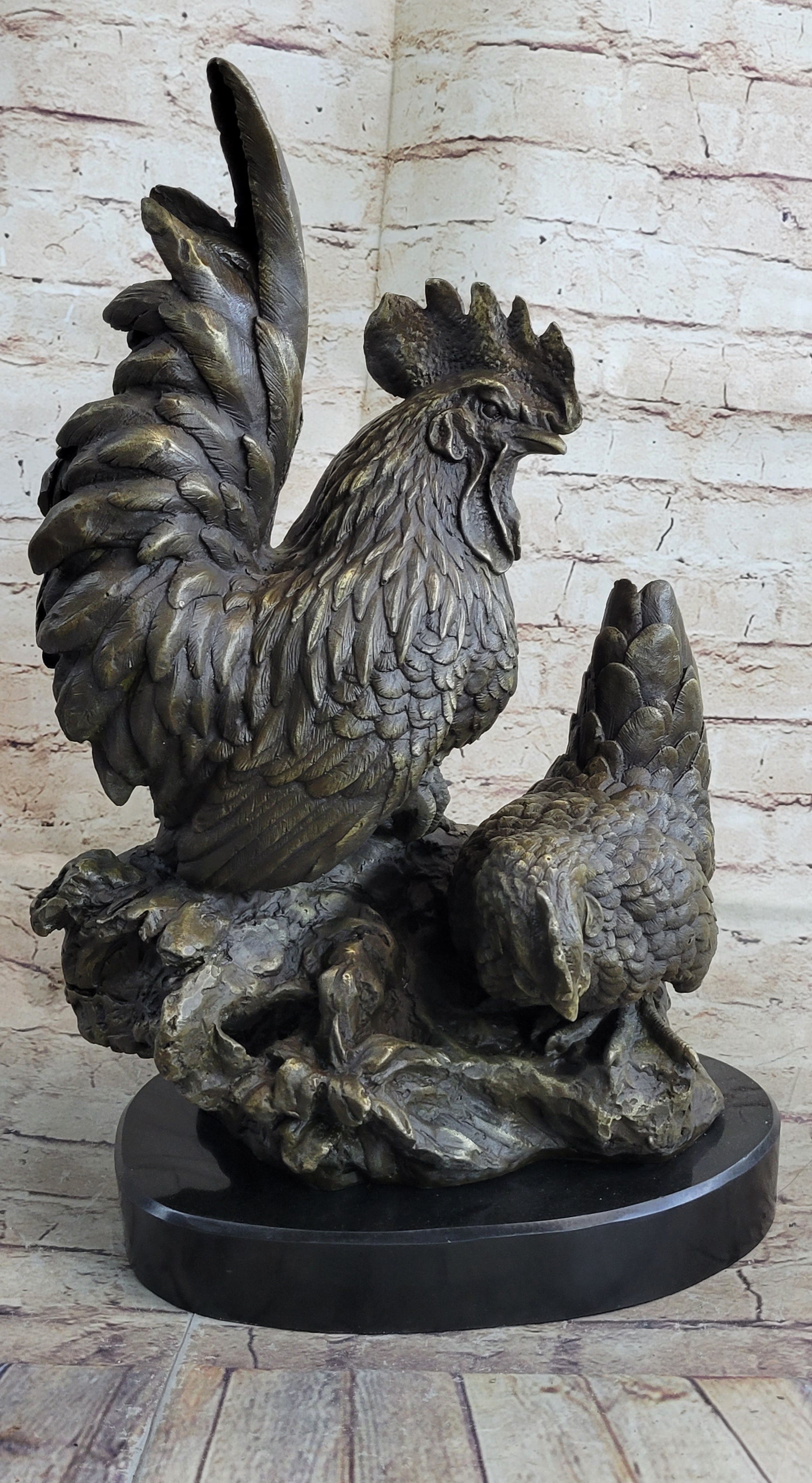 Two Roosters Bronze Metal Sculpture on Marble Base