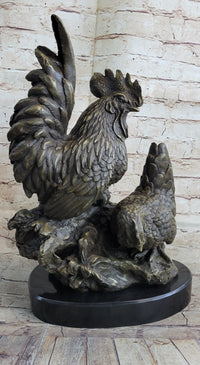Two Roosters Bronze Metal Sculpture on Marble Base