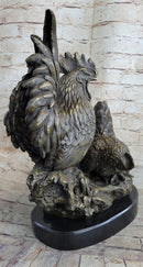 Two Roosters Bronze Metal Sculpture on Marble Base