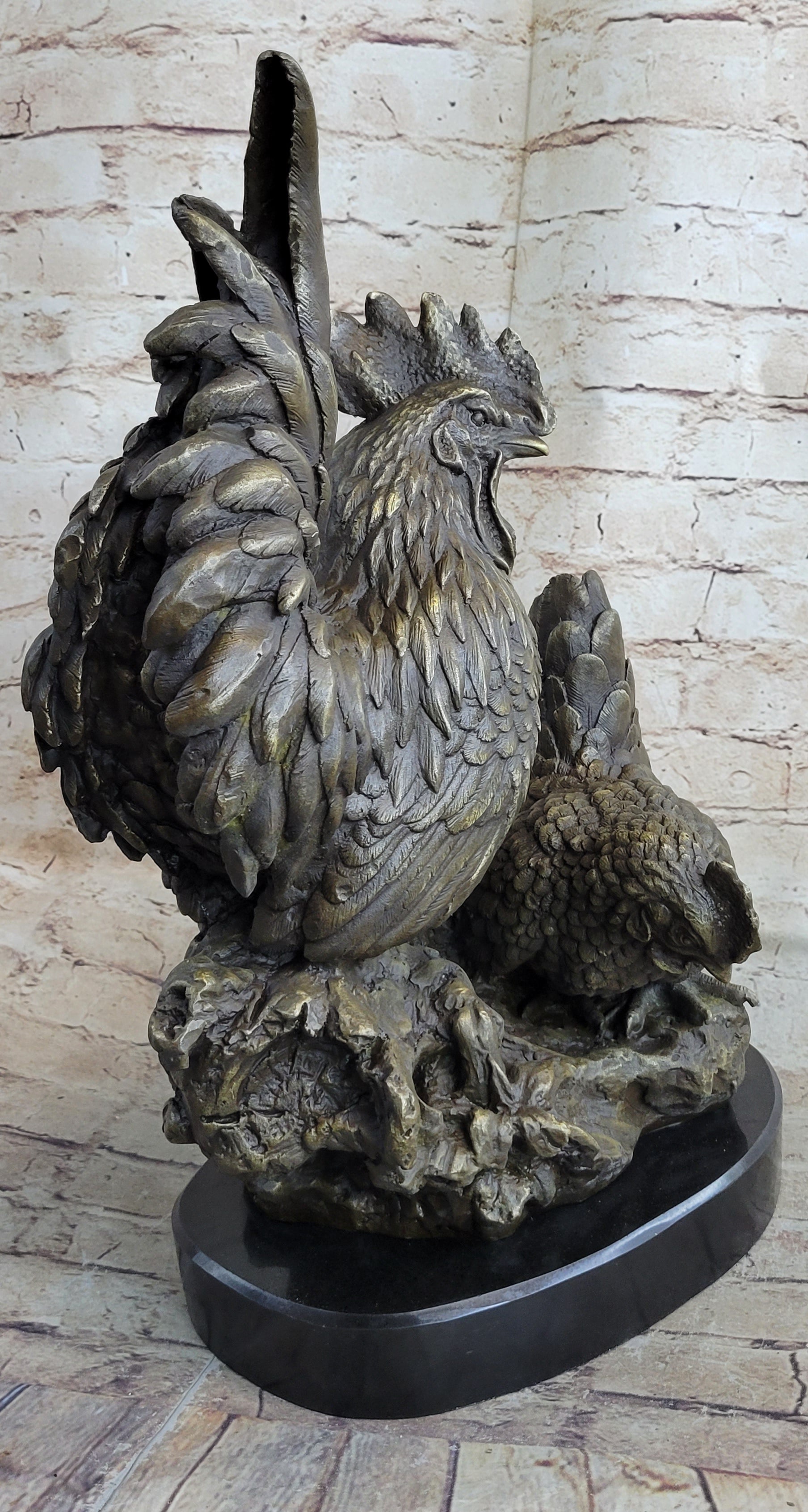 Two Roosters Bronze Metal Sculpture on Marble Base