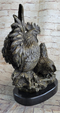 Two Roosters Bronze Metal Sculpture on Marble Base