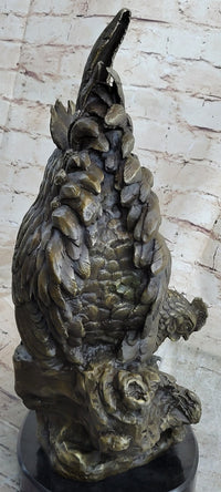 Two Roosters Bronze Metal Sculpture on Marble Base