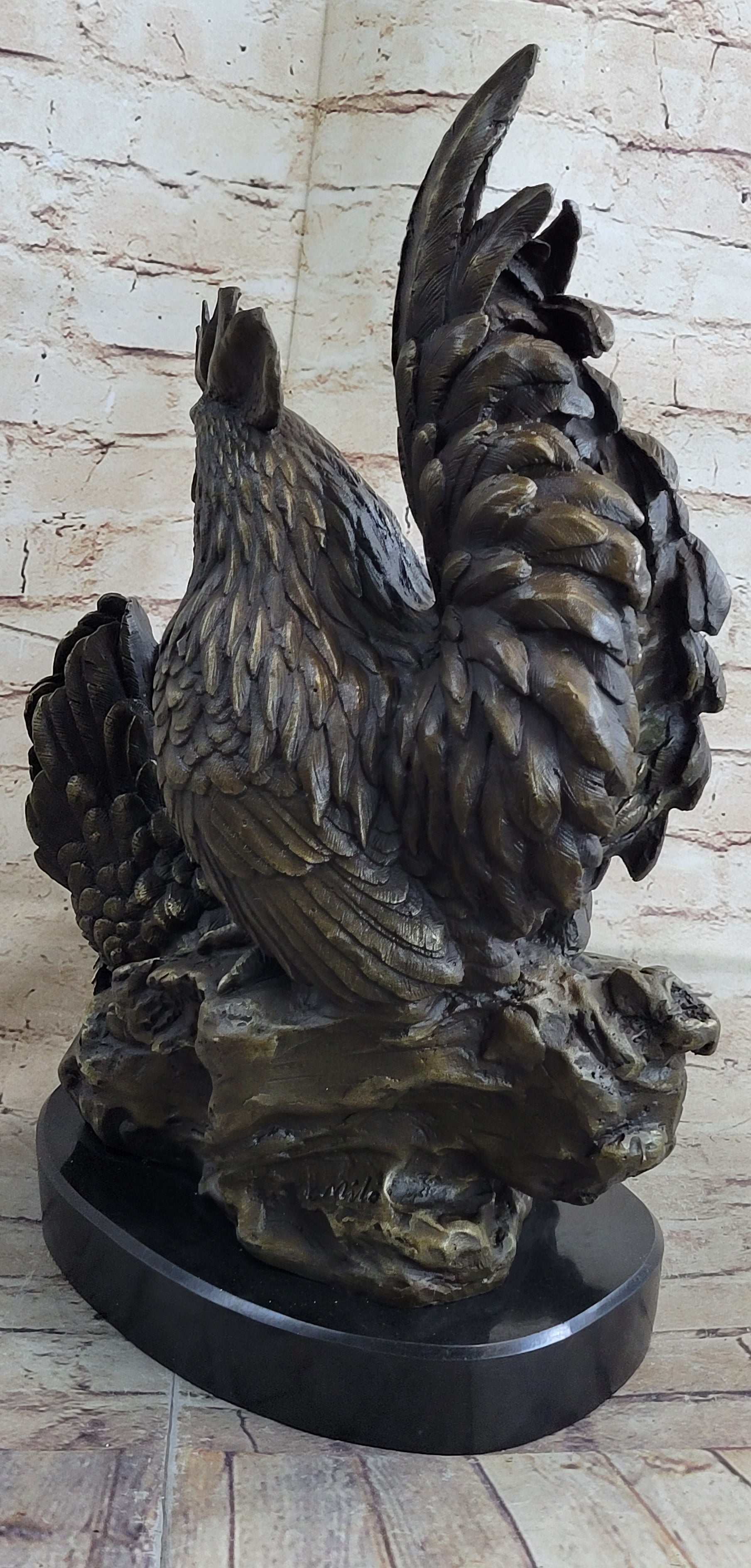 Two Roosters Bronze Metal Sculpture on Marble Base